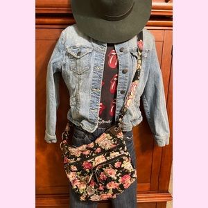 Flower black denim crossbody bag